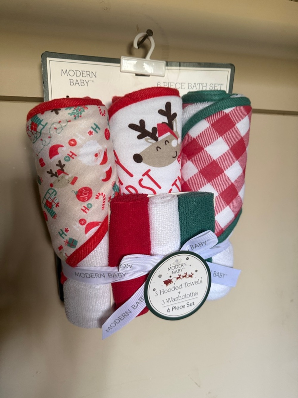 Modern Baby Holiday Hooded Towel & Washcloth Set - Red, Green, White